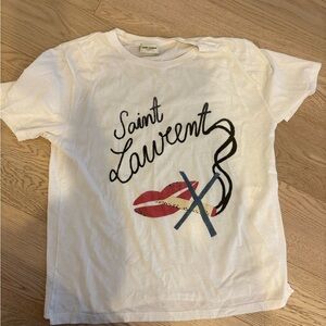 Saint Laurent White Tee with Red Lip and Navy Graphic